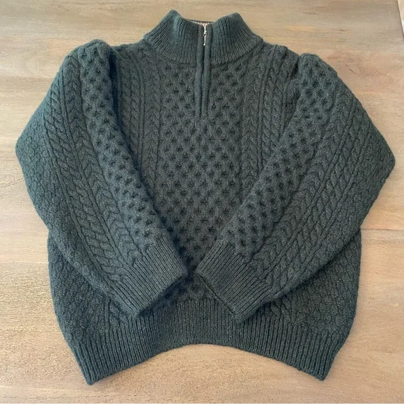 Blarney Woollen Mills Ireland 100% Merino Wool Aran Green Half Zip Size L - Picture 10 of 11